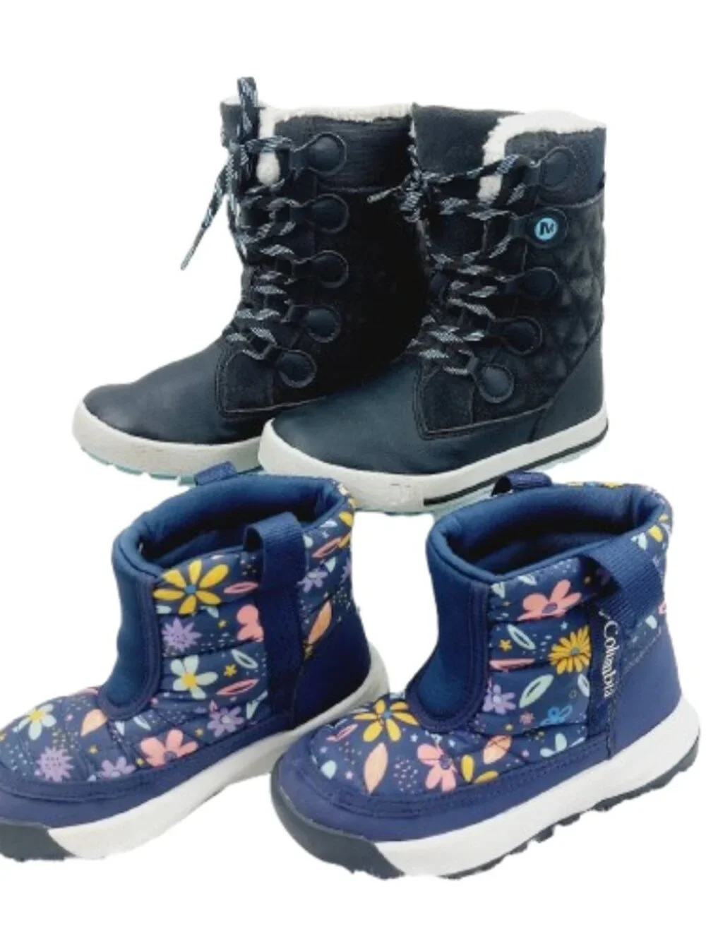 Set of 2 Columbia Merrell Girl's Black Blue Waterproof Ankle Snow Boots Size 12